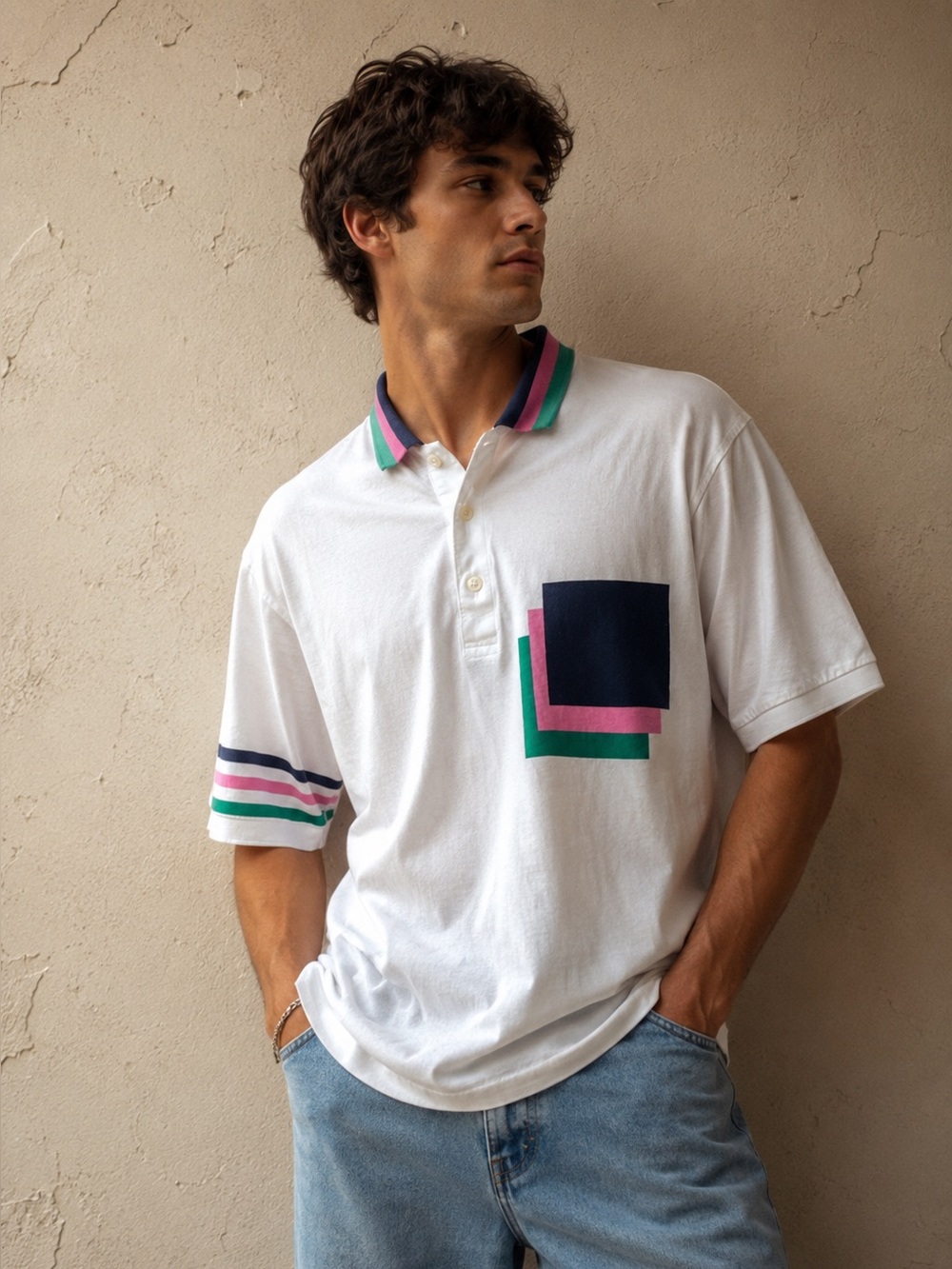 Vintage Aureus Mercerized Cotton Geometric Polo Shirt Retro 80s 90s Colorblock L